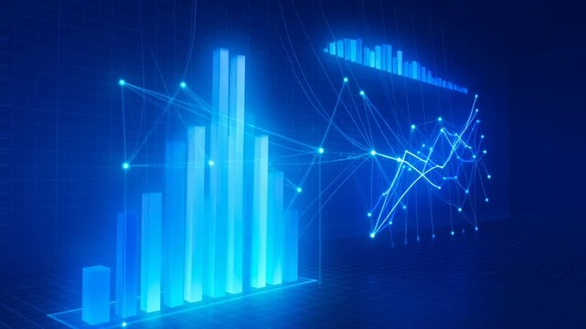 Digital financial growth chart: animated 3 d bar graph and data trends for business analytics