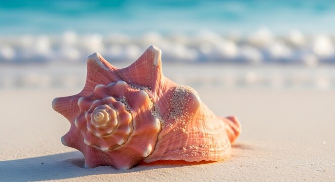 Pink conch shell on the white sand beach of Half moon cay