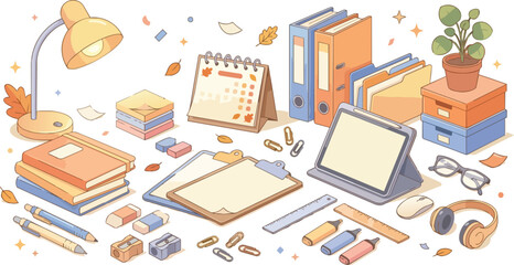 Fototapeta premium Cute education and stationery vector icon collection, back to school and office supplies flat illustration