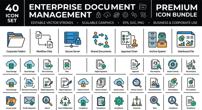 Enterprise Document Management Icon Bundle With Secure Server Workflow Approval Archive Dashboard And Compliance File Symbols