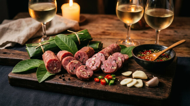 Nem Chua Vietnamese Charcuterie Board on Dark Aged Wooden Table