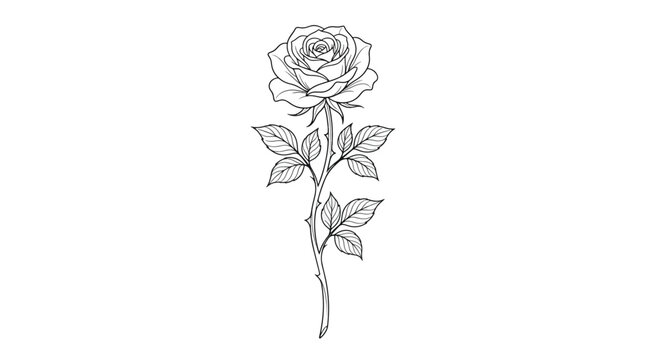 Elegant single rose flower line drawing with leaves on stem