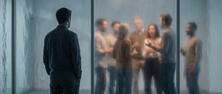 Man standing alone separated by glass from a group of people. Social barrier and isolation concept. Autism spectrum disorder challenge, feeling excluded from social interaction.
