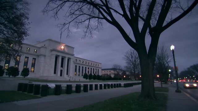 Federal Reserve Building at Dusk Along Constitution Avenue in Washington DC USA
