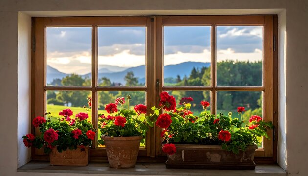 A rustic wooden window frames a view of red potted flowers, lush green hills, and distant mountains under a cloudy sky