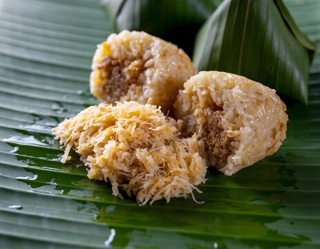 Traditional Indonesian lemper snack made of steamed sticky rice and savory meat filling served on a fresh green banana leaf close up