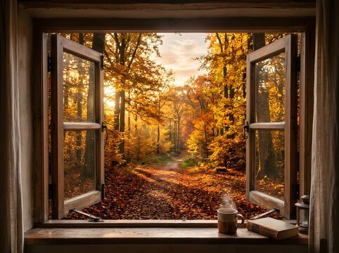 Cozy autumn view from open window