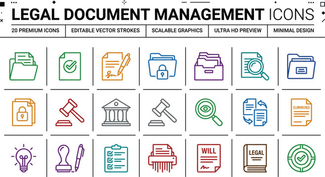 Legal Document Management Icon Set With Court Folders Secure Files Search Signatures And Case Workflow Symbols