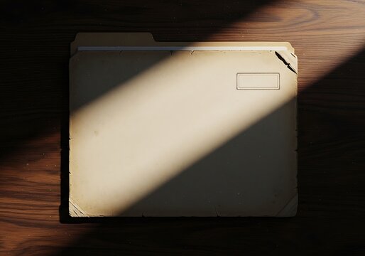 Old vintage manila file folder resting on a dark wooden office desk surface