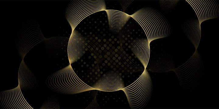 Abstract circle wave lines, gradient light equalizer gold wavy curve. Round frame in luxury golden color isolated on black background. Editable stroke. Vector illustration with copy space