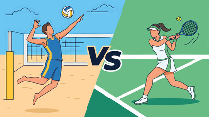 Obraz premium Beach Volleyball and Tennis Match Summer Sport Versus Vector Template