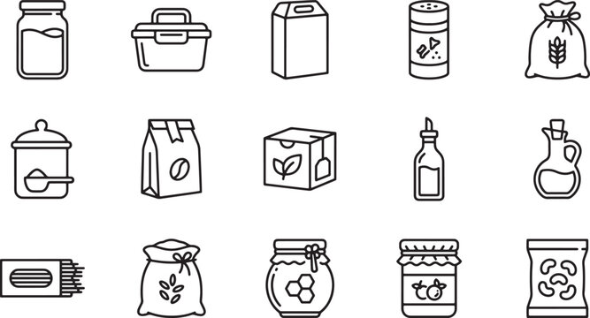 Set of grocery and food packaging line icons featuring pantry staples and kitchen storage containers vector illustration