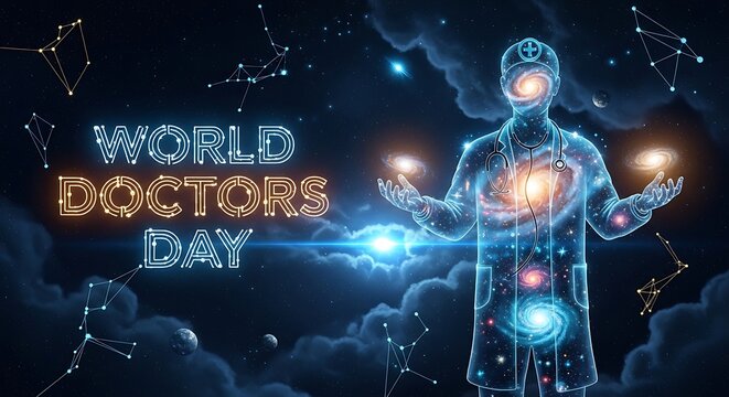 World doctors day celebration with a cosmic doctor figure in space