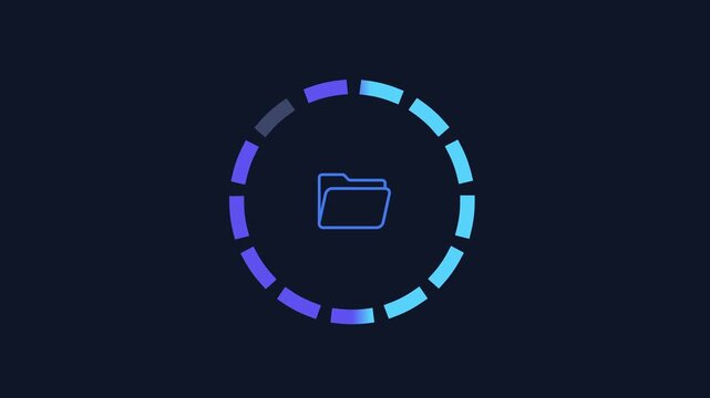 Animated digital interface featuring a folder icon surrounded by a circular progress indicator on a dark background, representing file management, loading, indexing, and data processing.