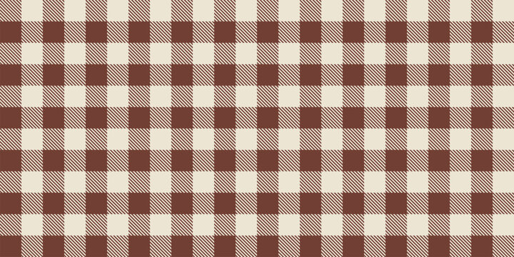 Seamless brown gingham pattern with cream squares and diagonal striped details, warm farmhouse style texture forming repeating checkered background for fabric, kitchen decor and packaging