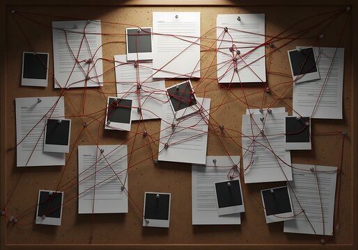 Detective investigation board with evidence photos and red string connections