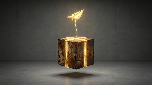Rusty metal box tied with glowing golden string lifted by paper airplane, representing creative logistics, business delivery and lifting heavy burdens