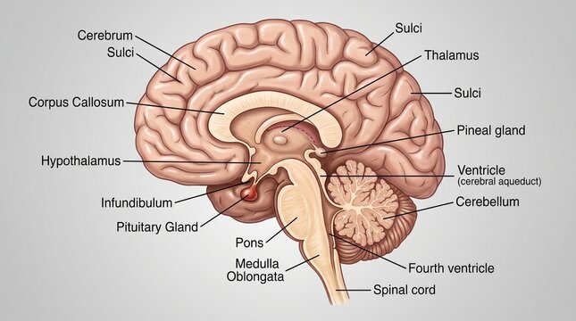 Detailed Medical Illustration of the Human Brain Cross-Section with Anatomical Labels
