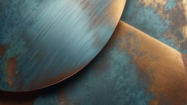 Abstract metallic shapes with a brushed effect, featuring teal, gold, and rust tones