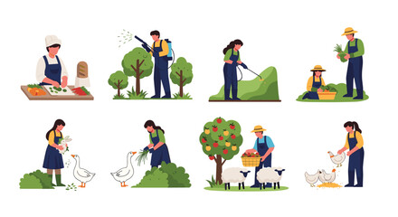 Fototapeta premium Farmers perform various agricultural tasks such as planting, spraying, harvesting, and tending to livestock in a set of rural farming illustrations.