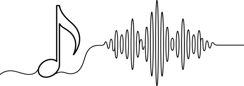 Continuous One Line Art Music Note and Sound Wave Vector Illustration for Audio Equalizer and Recording Logo Designs