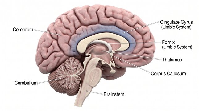 Detailed Cross-Section of the Human Brain Anatomy with Labels for Major Parts including Cerebrum and Cerebellum