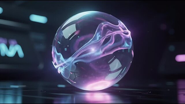 Abstract Sphere with Glowing Energy Flow in a Futuristic Dark Environment for Digital Technology Concept