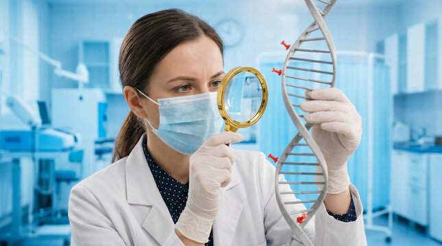 Medical researcher examines dna helix structure with magnifying glass in laboratory for genetic analysis