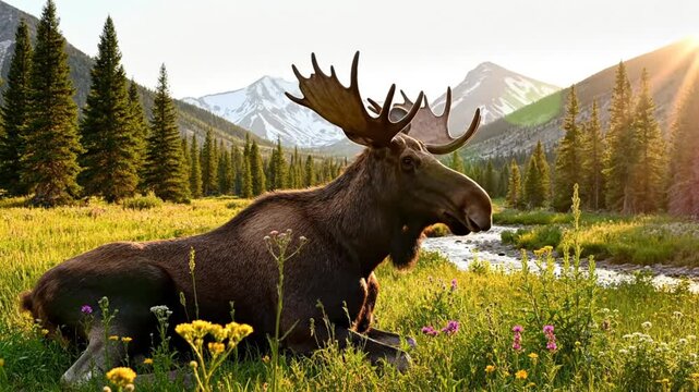 Majestic moose rests in sunlit meadow beside a flowing river with snow-capped mountain backdrop