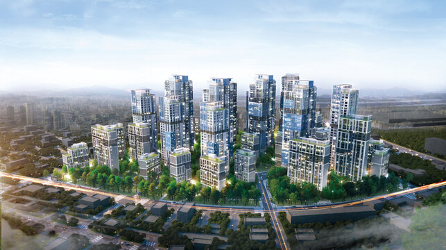 3d architectural rendering of a modern residential building in the city