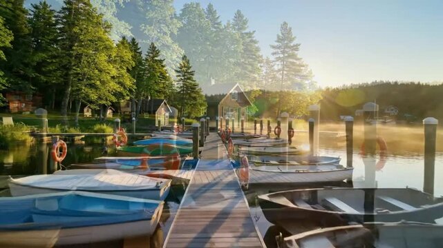Scenic early morning view of rowboats docked at a wooden pier on a calm lake, with sunrise and misty atmosphere