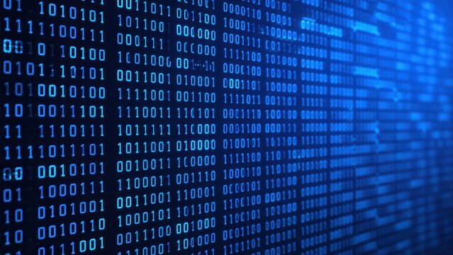 Blue binary code data stream background representing digital technology cybersecurity and computing