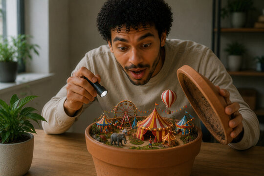 Man peers into miniature circus diorama inside terracotta pot