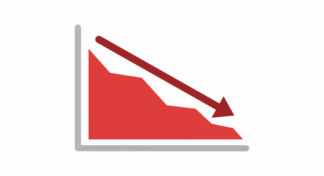 Red line graph trending downward with a diagonal arrow indicating a negative trend