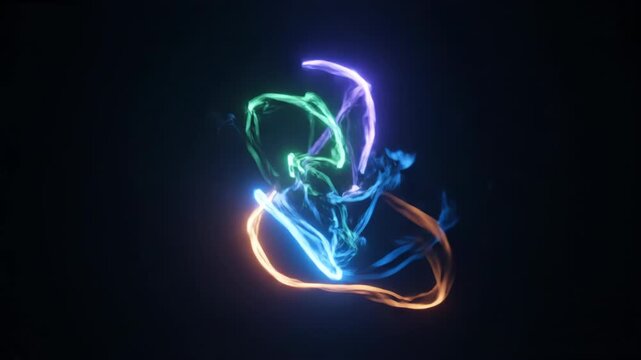 Abstract glowing light trails dance and intertwine in the darkness. Vibrant energy streams create a mesmerizing, futuristic visual spectacle.