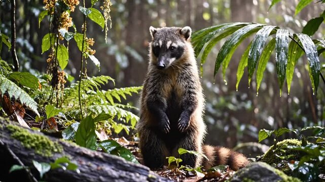 Coati Standing Upright in a Lush Tropical Forest with Verdant Green Foliage Under a Canopy of Sunlight