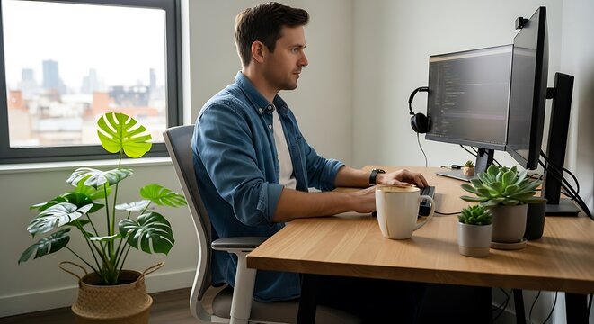 Young man working from home office on computer remote software developer coding on desktop workstation in bright home studio developer software programmer