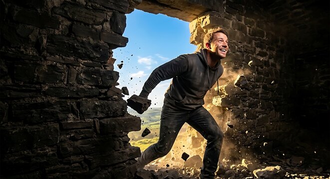 Overcoming obstacles to breakthrough, a determined man breaking through a thick brick wall with rubble flying, revealing a bright blue sky and sunlit valley landscape.