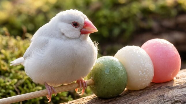 Java sparrow and sanshoku dango