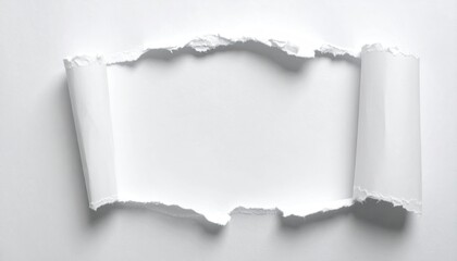 Fototapeta premium Torn white paper with rolled edges, revealing a bright, empty space in the center