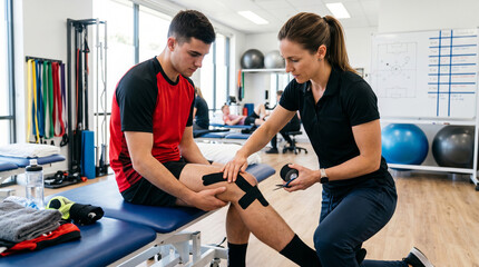 Physical therapist applying kinesiology tape to athlete's knee
