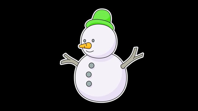 Seamless looping animation of a swinging snowman with a green top hat for winter and Christmas holiday seasonal concepts. Flat style sticker element on transparent alpha channel background