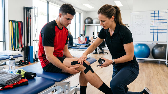 Physical therapist applying kinesiology tape to athlete's knee