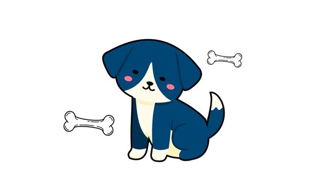 Cute Blue Puppy Dog Sitting with Bones Adorable Pet Character.