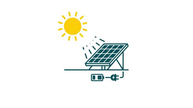 Solar Panel Powering Battery with Sun and Plug Icon - Renewable Energy.