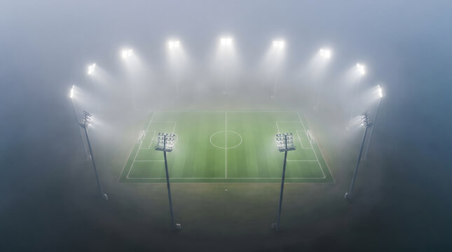 Foggy football field illuminated by stadium lights with vibrant green pitch