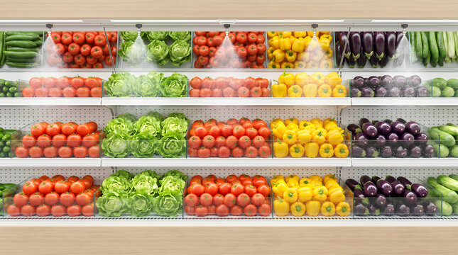 Supermarket refrigerated shelves displaying fresh vegetables and fruits in organized arrangement