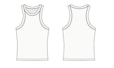 Fototapeta premium white t shirt. Technical sketch of a white tank top, vector. Template for a sleeveless tank top with deep armholes. Sketch of a basic tank top with stitching, front and back view. 