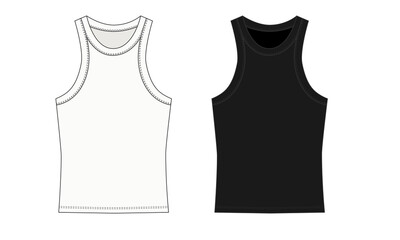 Fototapeta premium Technical sketch of a white and black tank top, vector illustration. Template for a sleeveless tank top for fitness, running, and everyday wear. Sketch of a sports tank top with stitching, front view.
