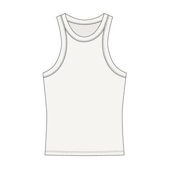t shirt isolated on white background. Technical sketch of a white tank top, vector. Template for a sleeveless tank top with deep armholes. Sketch of a basic tank top with stitching, front view. 